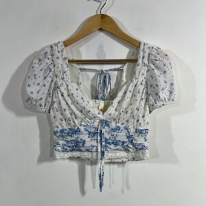 Clover Babydoll Couqette Smocked Crop Top Puff Sleeve‎ Eyelet Lace Womens Small